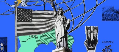 Collage de la Estatua de la Libertad, una bandera de EE. UU. y botas vaqueras sobre fondo azul