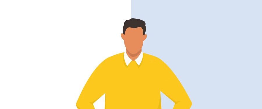 Ilustración de un hombre con suéter amarillo y las manos en la cintura