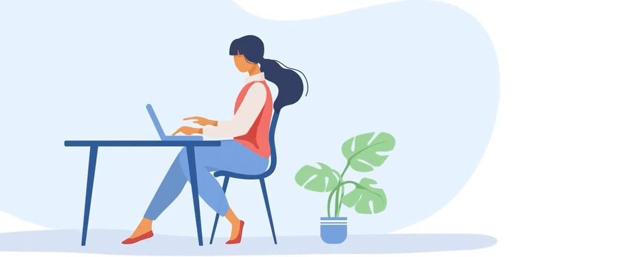 Ilustración de una mujer que trabaja en una computadora portátil en un escritorio junto a una planta