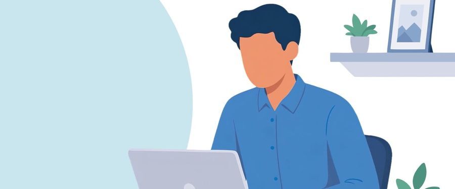 Ilustración de un hombre que trabaja en una computadora portátil en su escritorio
