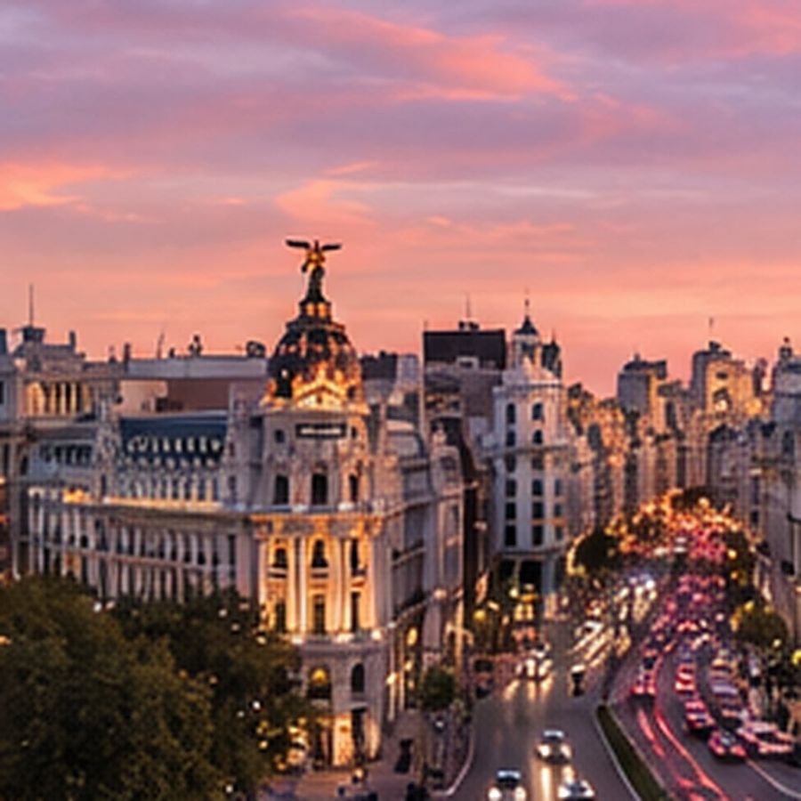 El edificio Metrópolis y la Gran Vía de Madrid al anochecer