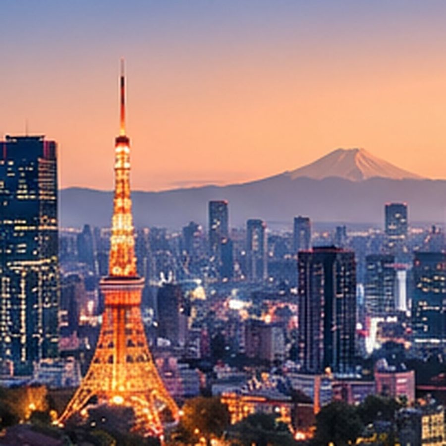 La Torre de Tokio iluminada al anochecer, con el monte Fuji a lo lejos