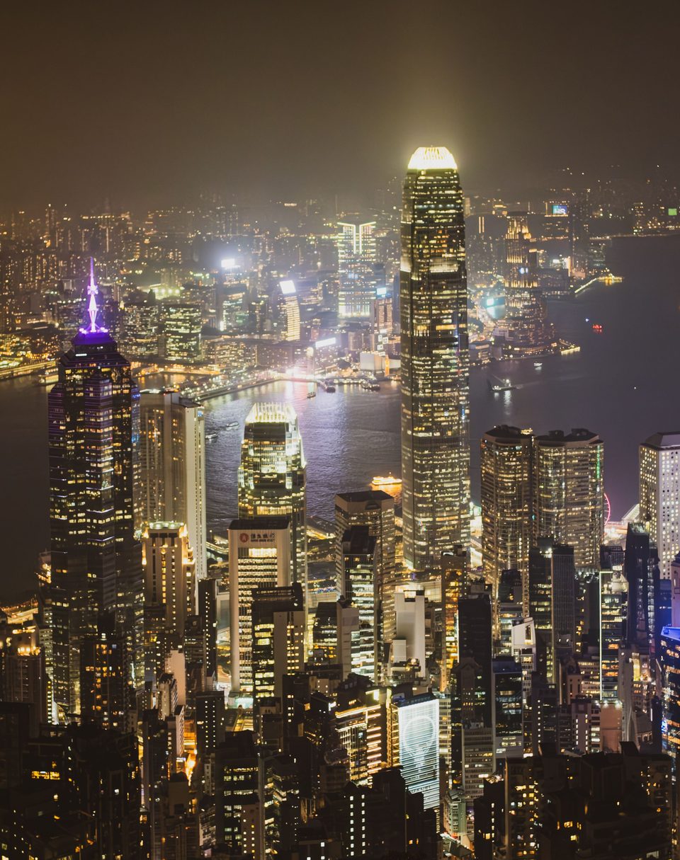 Hong Kong’s skyline lit up at night, seen from Victoria Peak
