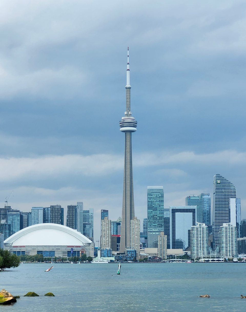 Toronto skyline with the CN Tower and the Rogers Centre, seen across the water