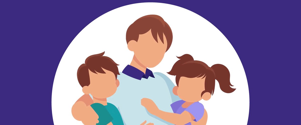 Ilustración de un padre o una madre abrazando a dos niños