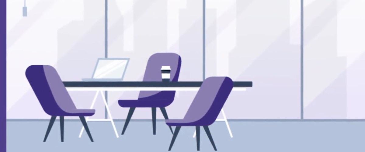 Ilustración de una sala de reuniones con sillas moradas alrededor de una mesa