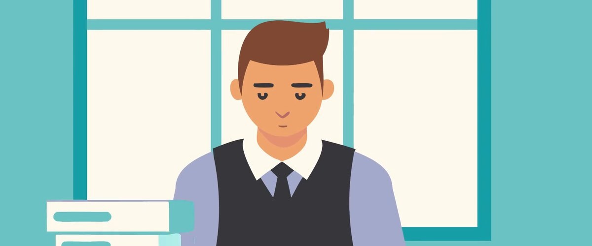 Ilustración de un hombre con chaleco sentado a un escritorio frente a una ventana