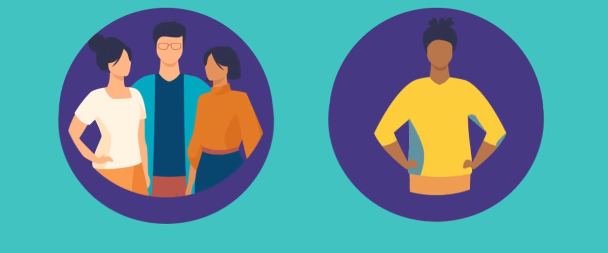 Ilustración de cuatro personas en dos círculos morados