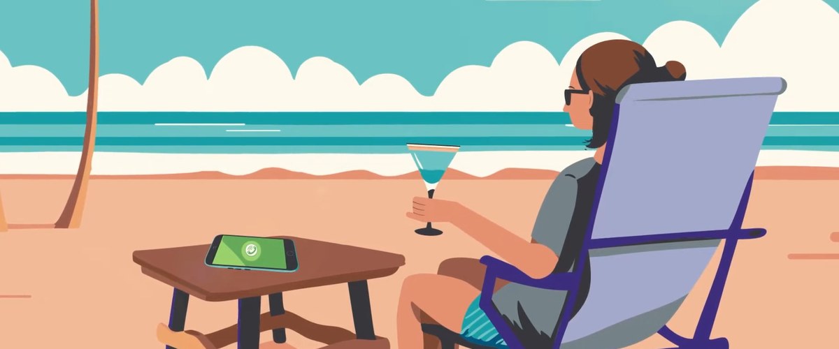 Ilustración de una persona que descansa en una silla de playa con una bebida junto al mar