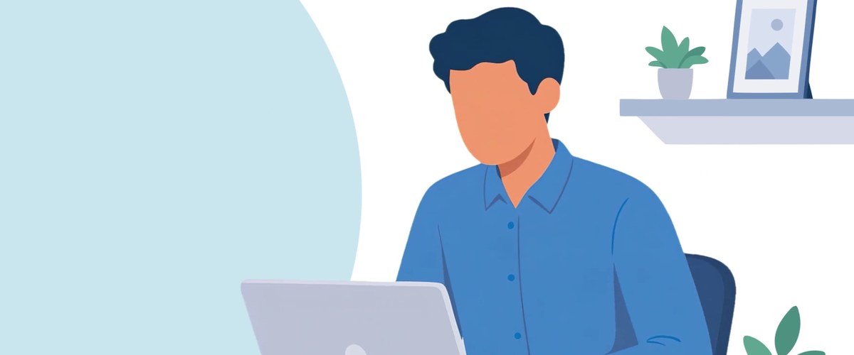 Ilustración de un hombre que trabaja en una computadora portátil en su escritorio
