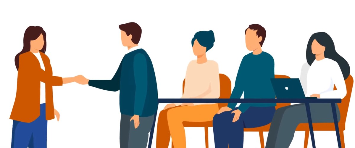 Ilustración de dos personas que se dan la mano junto a colegas sentados a una mesa de reuniones