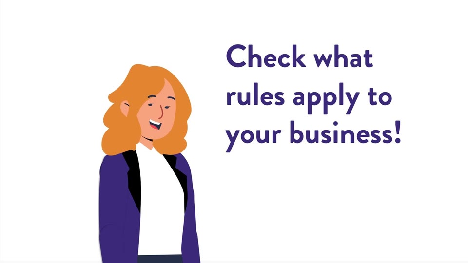 Ilustración con el texto "Check what rules apply to your business!" (compruebe qué normas se aplican a su empresa): una mujer sonriente con blazer