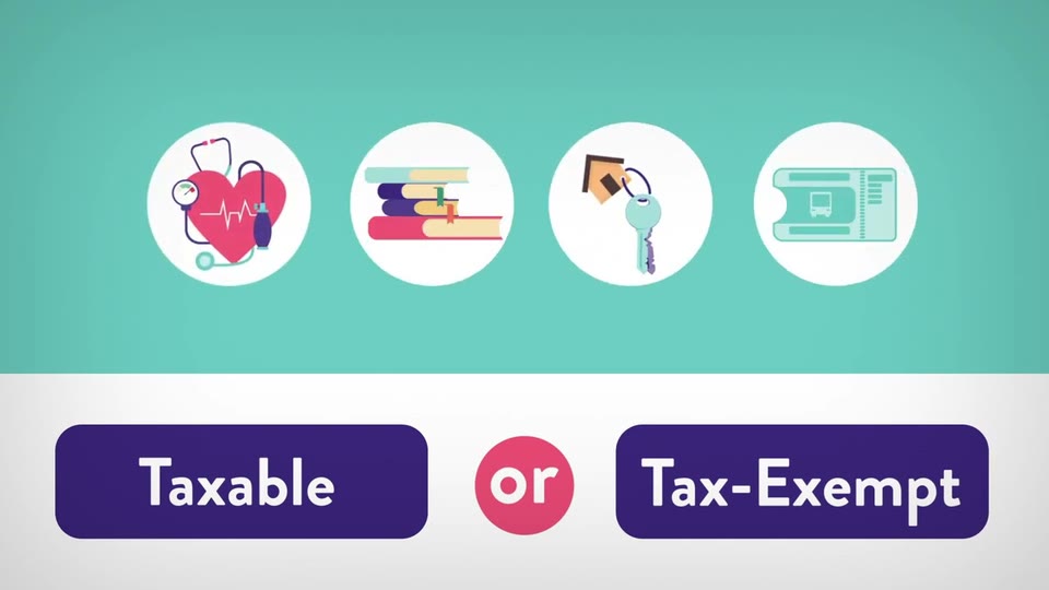 Ilustración con el texto "Taxable or Tax-Exempt" (gravable o exento), bajo iconos de salud, educación, vivienda y transporte