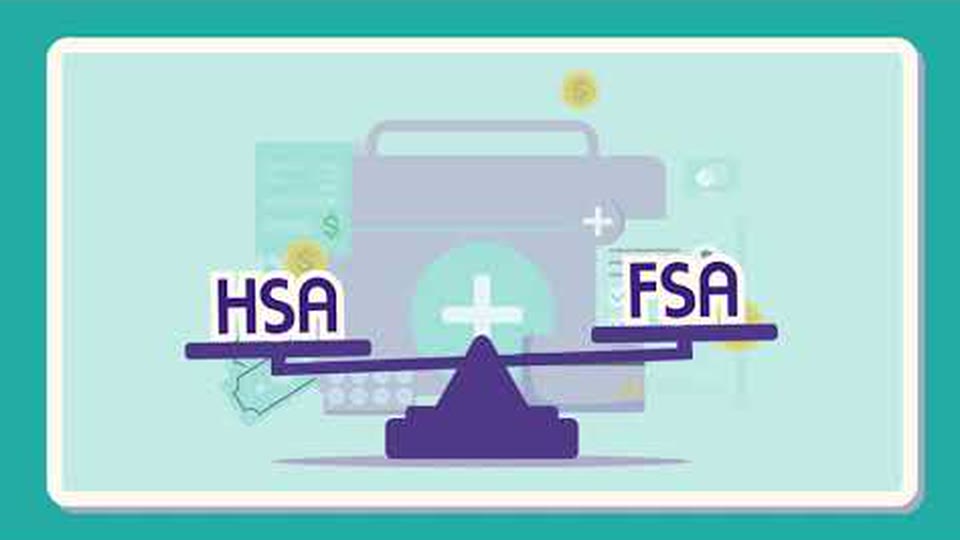 Ilustración con el texto "HSA" y "FSA" en una balanza, frente a un botiquín y monedas de dólar