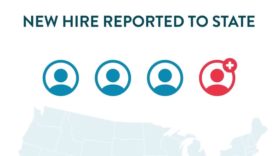 Ilustración con el texto "New Hire Reported to State" (nueva contratación declarada al estado): tres iconos de empleados y uno nuevo que se añade, sobre un mapa de Estados Unidos