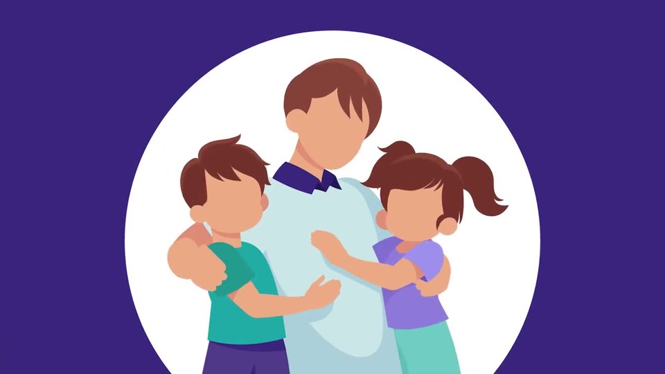 Ilustración de un padre o una madre abrazando a dos niños