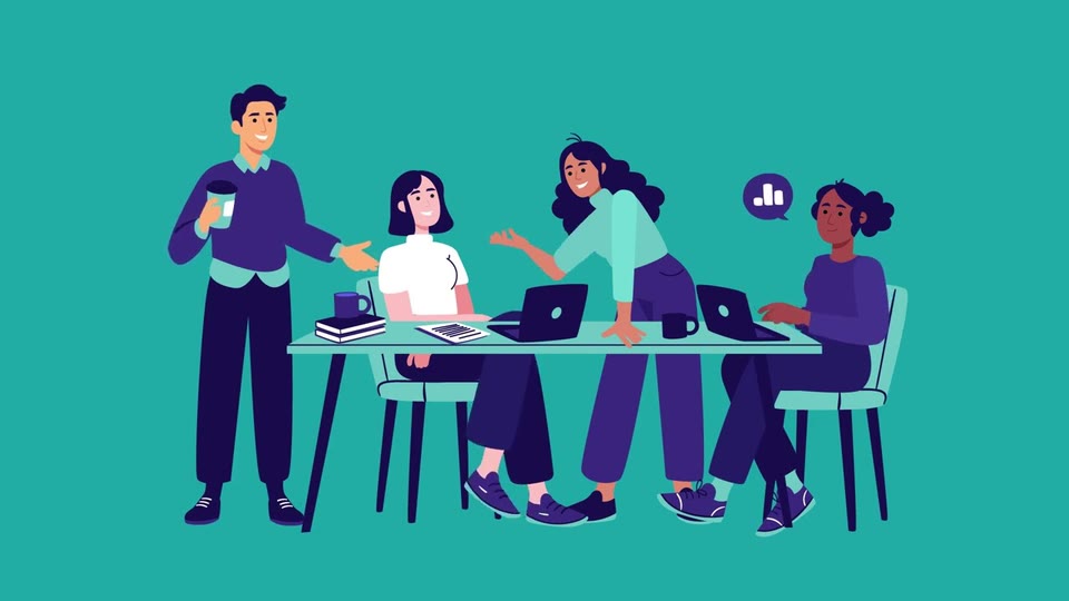 Illustrated team of four colleagues talking around a table with laptops