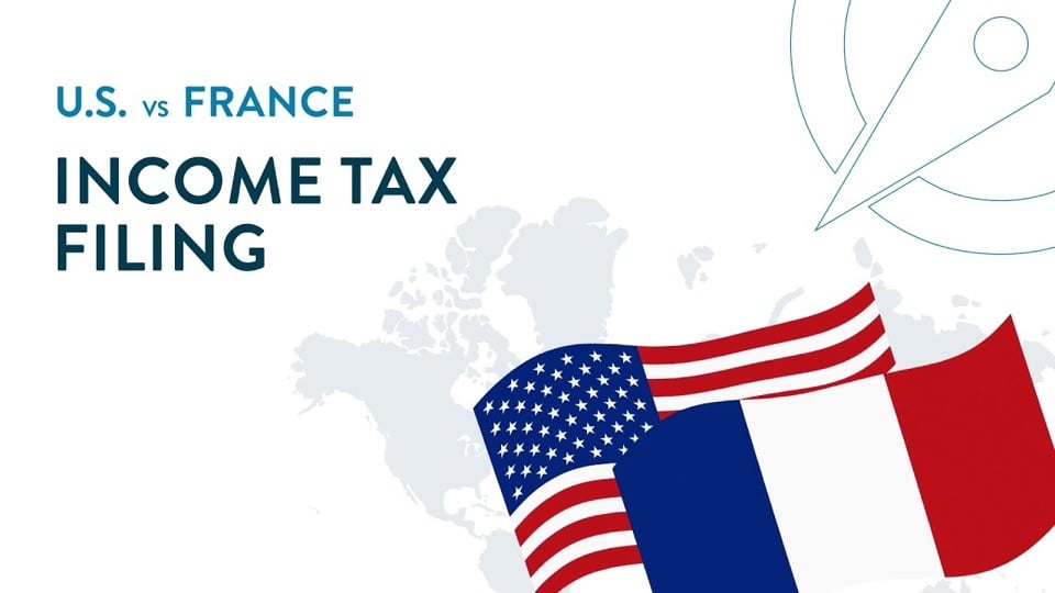 Portada de la serie de video EE. UU. vs. Francia: "Income Tax Filing" (la declaración de la renta), con las banderas de EE. UU. y Francia sobre un mapa del mundo