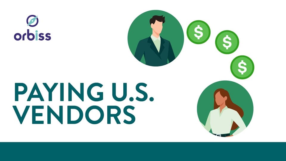 Portada de Orbiss: "Paying U.S. Vendors" (pagos a proveedores de EE. UU.), con dos personas intercambiando monedas de dólar