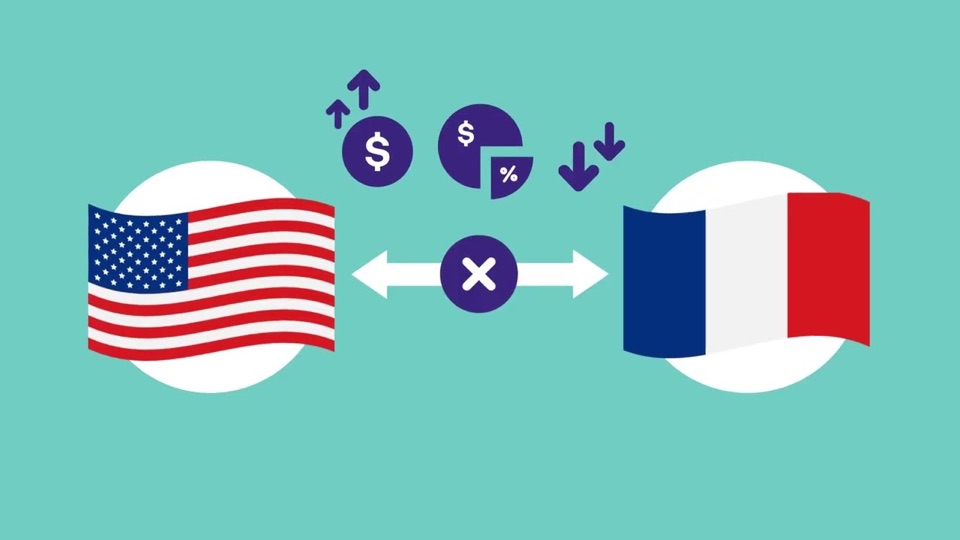 Illustration des drapeaux américain et français reliés par des flèches, représentant une convention fiscale entre les deux pays