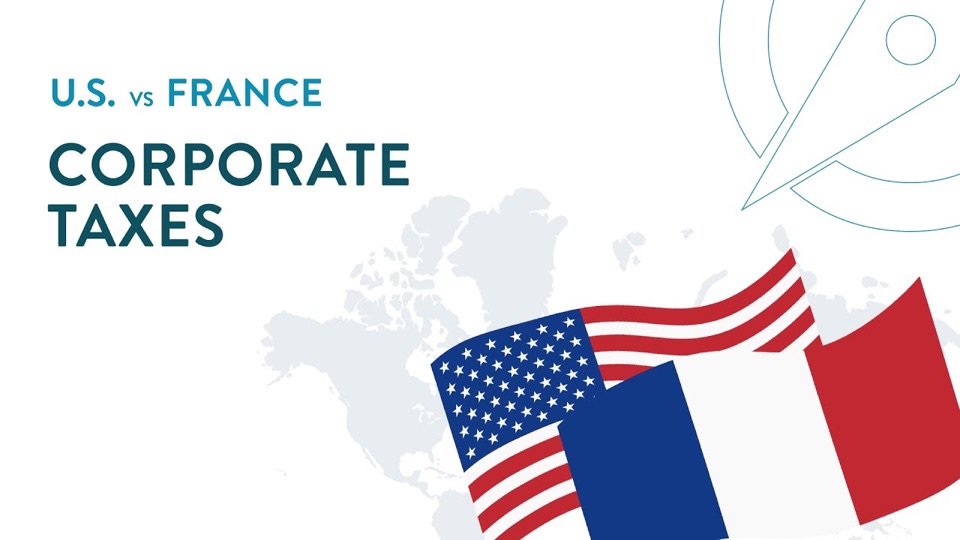 Portada de la serie de video EE. UU. vs. Francia: "Corporate Taxes" (los impuestos corporativos), con las banderas de EE. UU. y Francia sobre un mapa del mundo