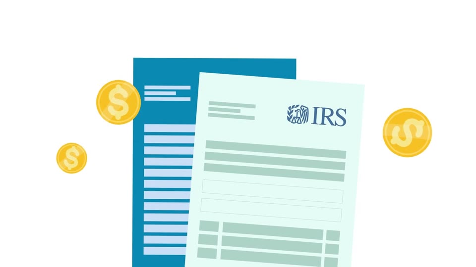 Formularios fiscales del IRS ilustrados, con monedas de dólar doradas