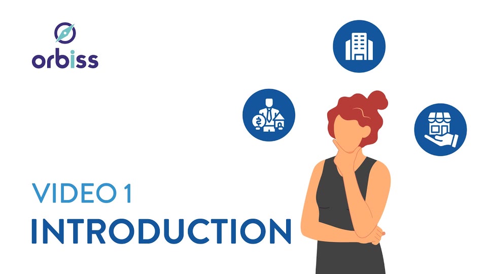 Portada de Orbiss: "Video 1: Introduction" (introducción), con una mujer ilustrada pensativa, rodeada de iconos empresariales