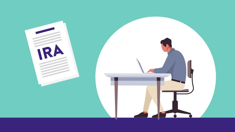 Ilustración con el texto "IRA" en un documento, junto a un hombre que trabaja en una computadora portátil