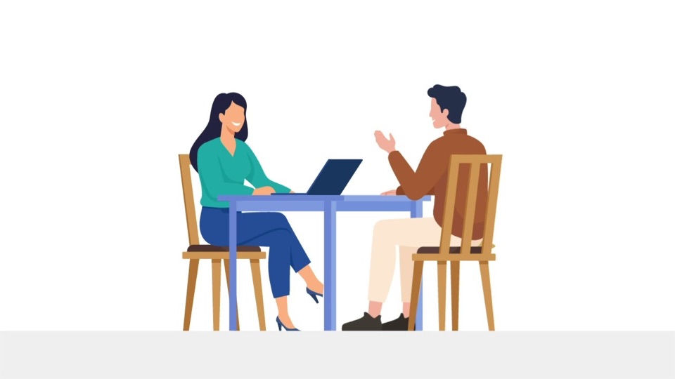 Illustration d'un client en rendez-vous avec un conseiller autour d'une table, avec un ordinateur portable