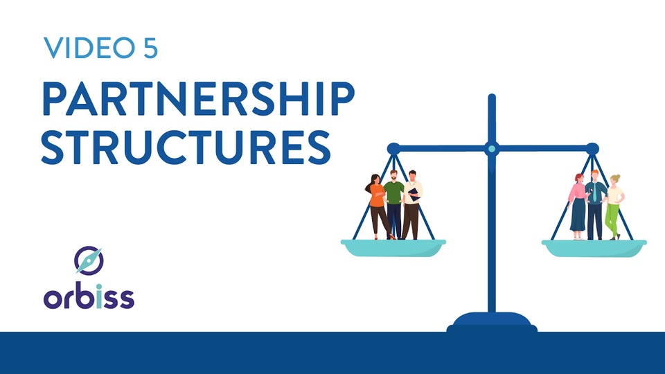 Portada de Orbiss: "Video 5: Partnership Structures" (sociedades colectivas), con una balanza ilustrada con un grupo de personas en cada platillo