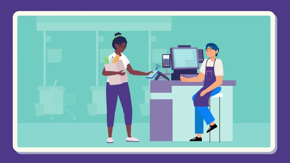 Illustrated shopper paying at a store checkout counter