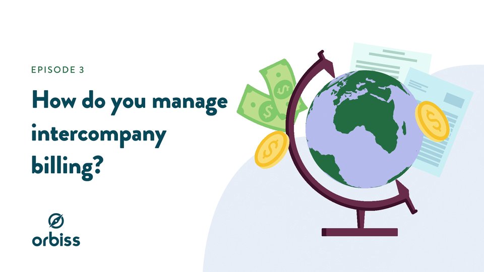 Illustration with the words "How do you manage intercompany billing?": a globe surrounded by banknotes, coins and documents