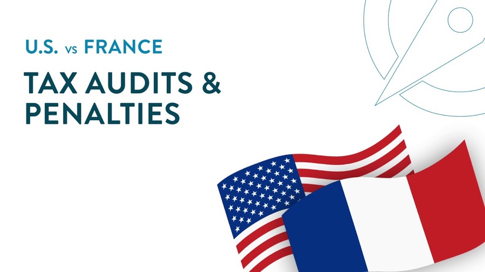 Portada de la serie de video EE. UU. vs. Francia: "Tax Audits & Penalties" (inspecciones fiscales y sanciones), con las banderas de EE. UU. y Francia sobre un mapa del mundo