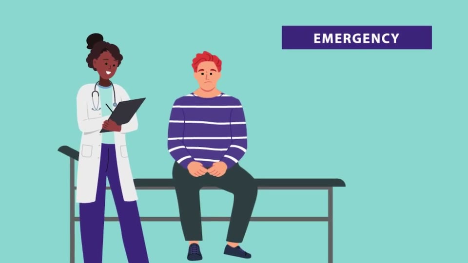 Ilustración con el texto "Emergency" (emergencias): un médico con un portapapeles junto a un paciente sentado en una camilla
