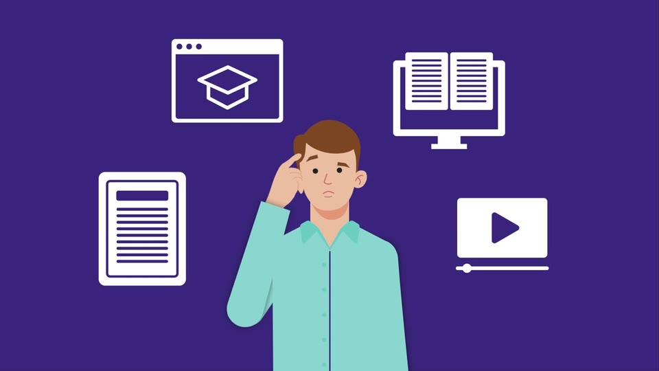 Illustrated man thinking, surrounded by icons of an online course, an e-book, a document and a video