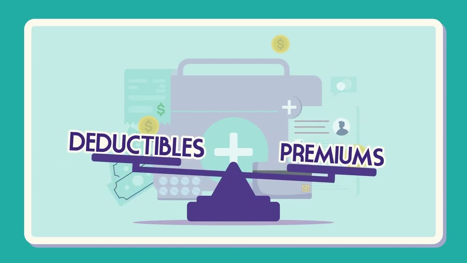 Ilustración con el texto "Deductibles" (deducibles) y "Premiums" (primas) en una balanza, frente a un botiquín y monedas de dólar