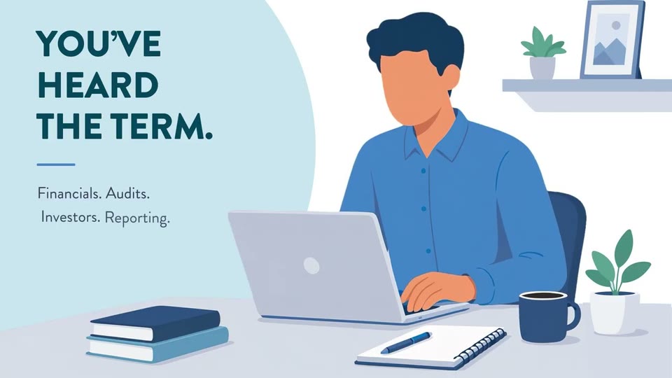 Ilustración con el texto "You've heard the term" (ya ha oído el término): un hombre que trabaja en una computadora portátil