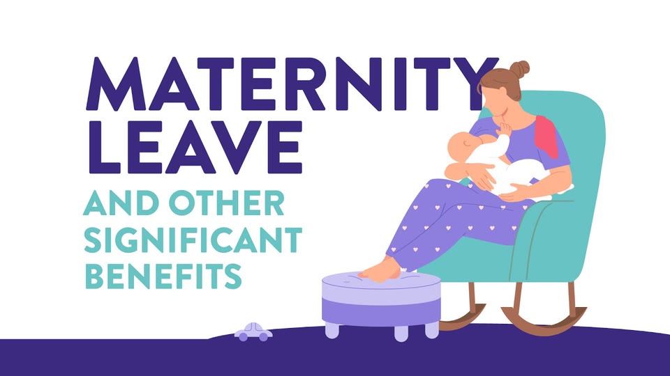 Portada de Orbiss: "Maternity Leave and Other Significant Benefits" (licencia de maternidad y otros beneficios importantes), con una madre amamantando a su bebé en una mecedora